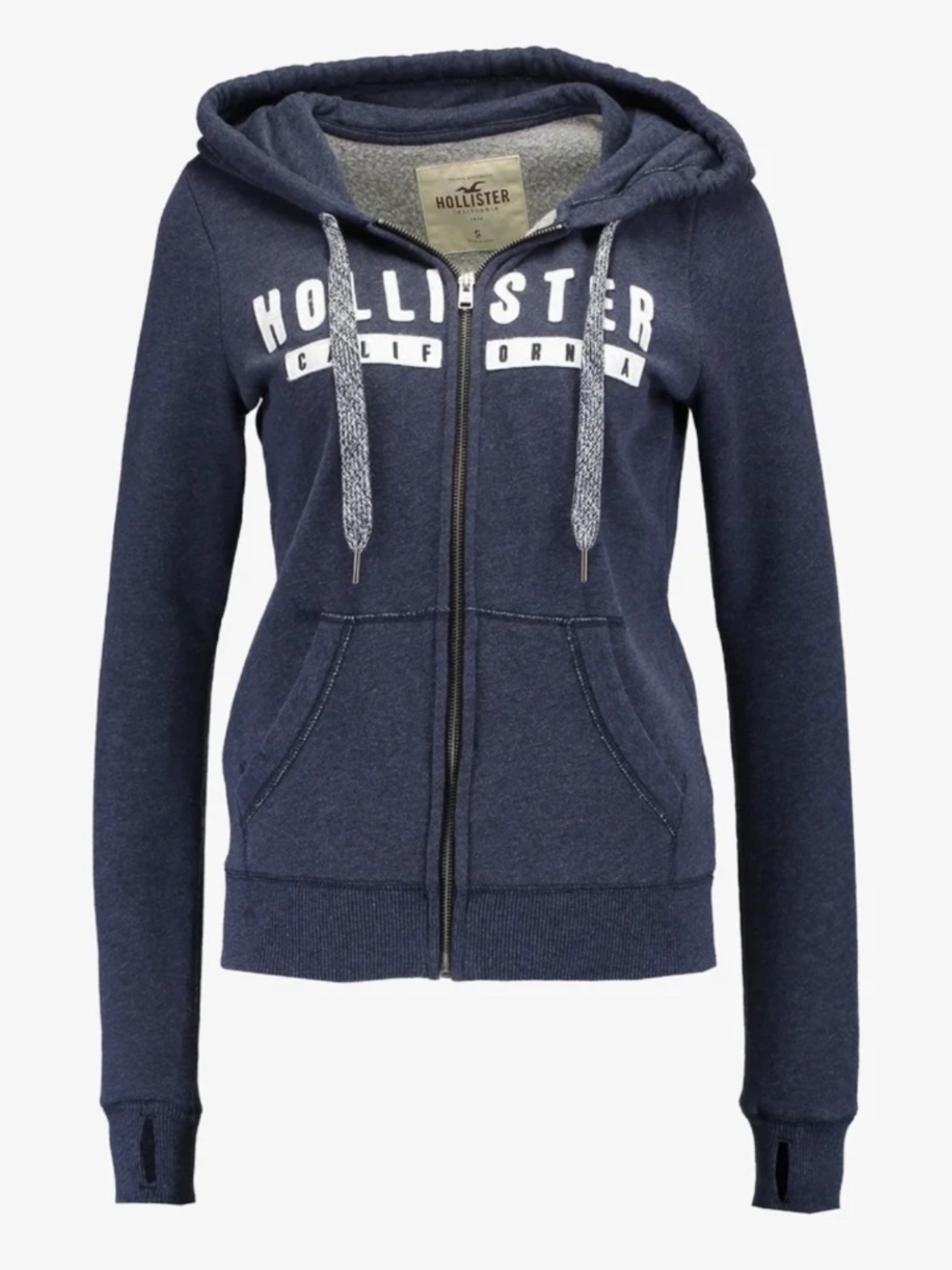 Hollister Women’s Full Zip Hoodie Navy Blue Spellout Sleeve Small EUC Y2K Style